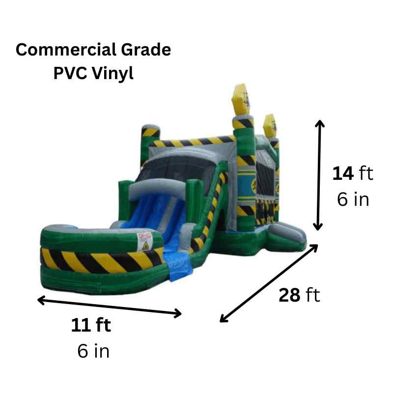 Moonwalk USA 2-Lane Toxic Combo Bounce House Wet/Dry Dimensions and Commercial Grade Vinyl Info