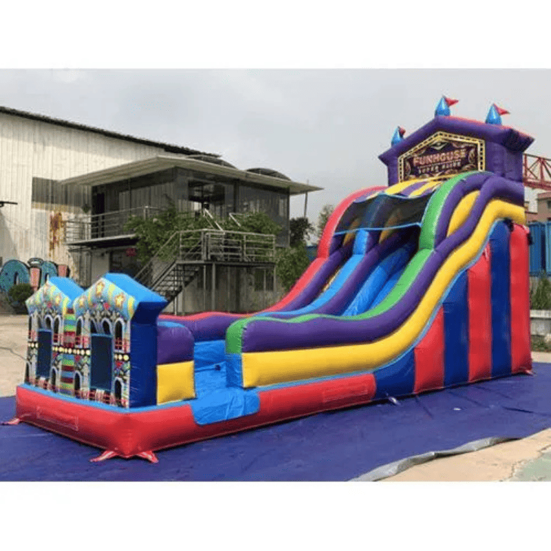 Moonwalk USA 21ft Carnival Inflatable Water Slide Wet/Dry Front Left View Outside with Tarp Under