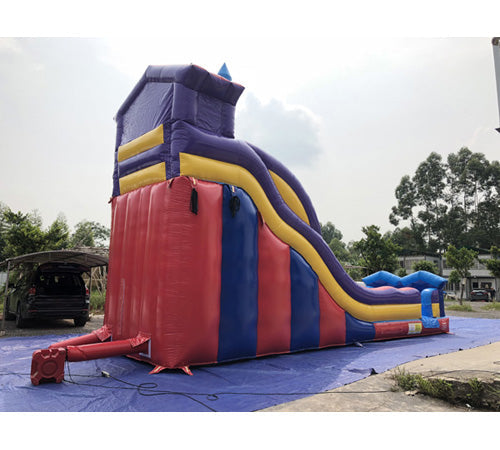 Moonwalk USA 21ft Carnival Inflatable Water Slide Wet/Dry Rear Right View with Blower Attached