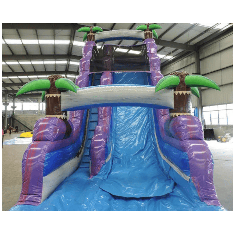 Moonwalk USA 21ft Purple Inflatable Water Slide Wet/Dry Front View of Palm Tree Arches