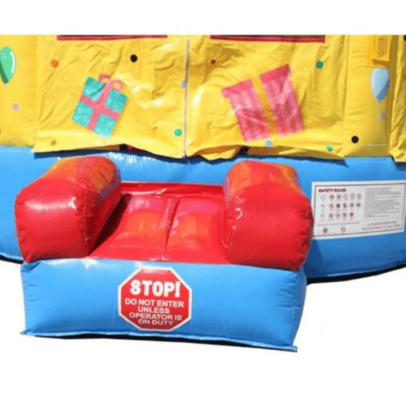Moonwalk USA Birthday Cake Bounce House Entrance View with Safety Ramps
