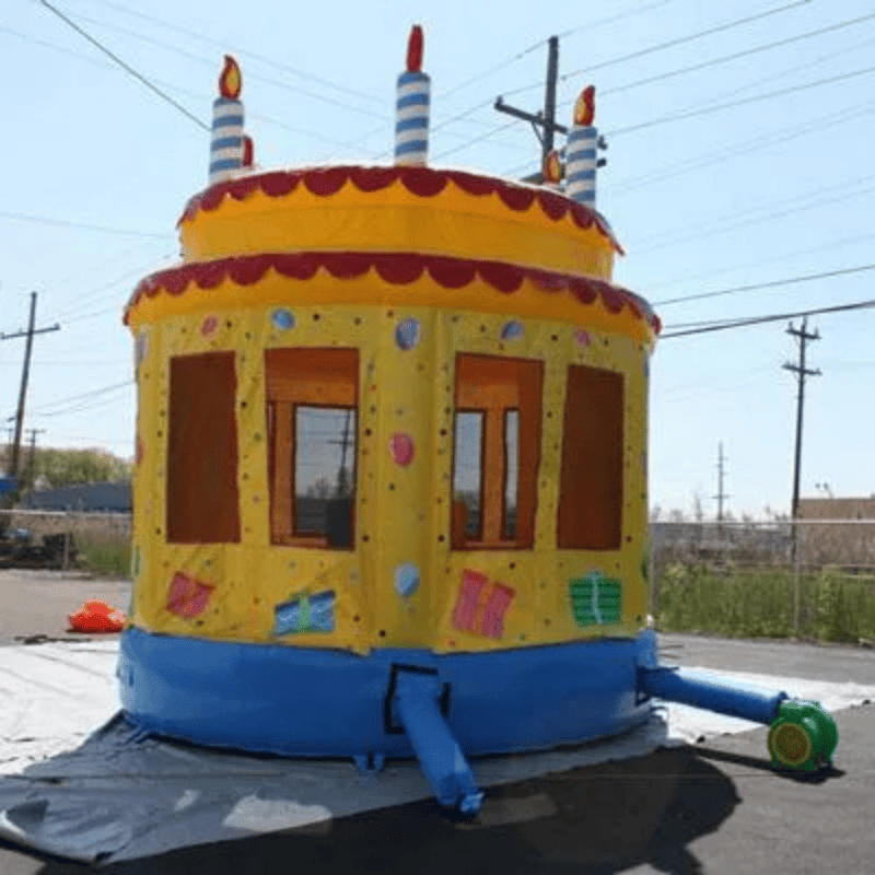 Moonwalk USA Birthday Cake Bounce House Rear View with Blower Attached