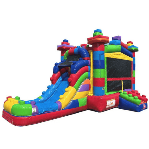 Bounce house waterslide combo with colorful block party design