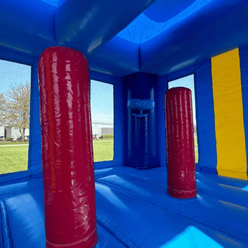 Moonwalk USA Blue Gift Bounce House Pop Ups and Basketball Hoop View