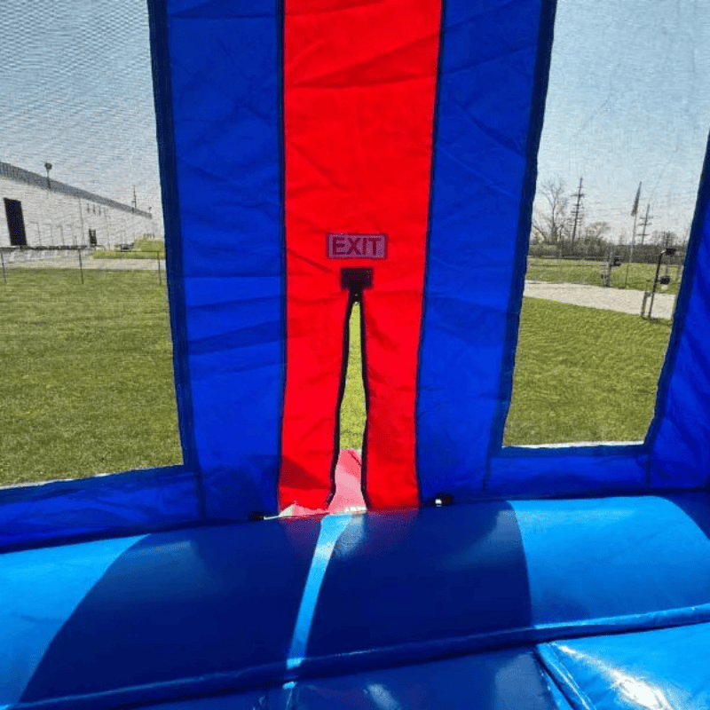 Moonwalk USA Blue Gift Box Bounce House Exit Zipper View
