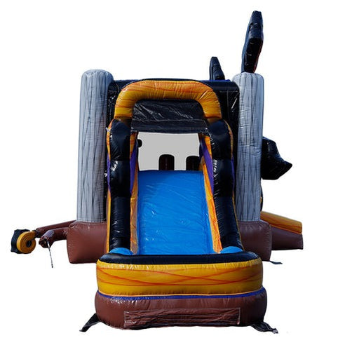 Bulldozer bounce house showing construction theme and commercial quality slide view
