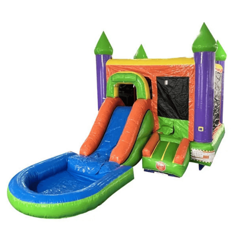 Moonwalk USA Castle Combo Bounce House with Removable Pool Wet/Dry Front View of Slide and Safety Ramp Entrance