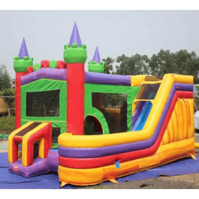 Moonwalk USA Castle Combo XL Bounce House Wet/Dry Front Left View Outside with Tarp Under