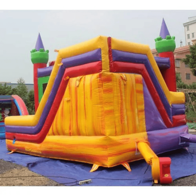 Moonwalk USA Castle Combo XL Bounce House Wet/Dry Rear Left View with Blower Attached