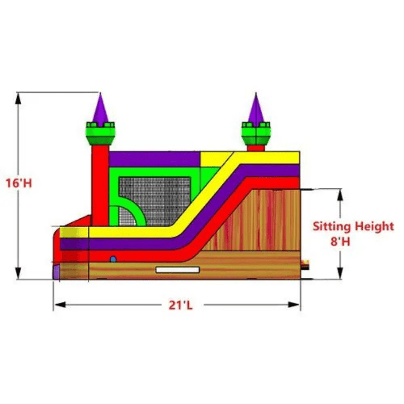 Moonwalk USA Castle Combo XL Bounce House Wet/Dry Side Render View with Dimensions and Sitting Height