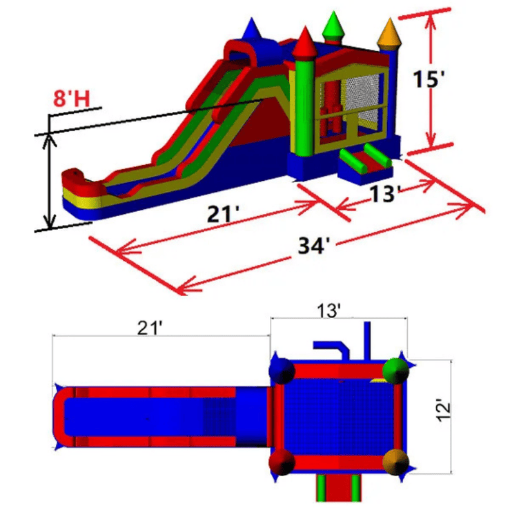 castle module combo bounce house 34x12x15 commercial grade 15oz vinyl wet dry with 8ft slide sitting height dimensions
