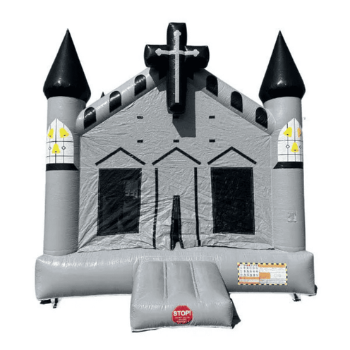 14x14 church bounce house showing stained glass and Gothic architecture