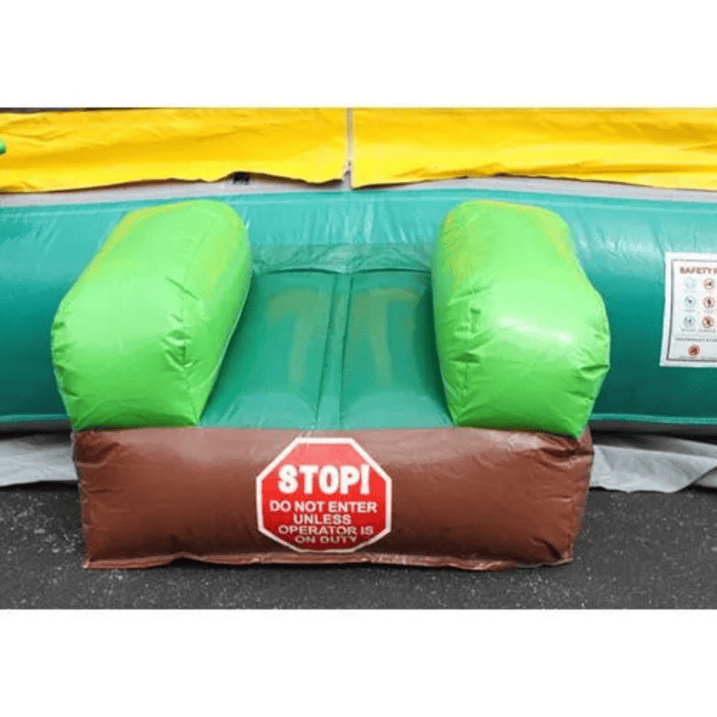 Moonwalk USA Dino Bounce House Front Entrance View with Safety Ramps Feature and Stop Sign Warning