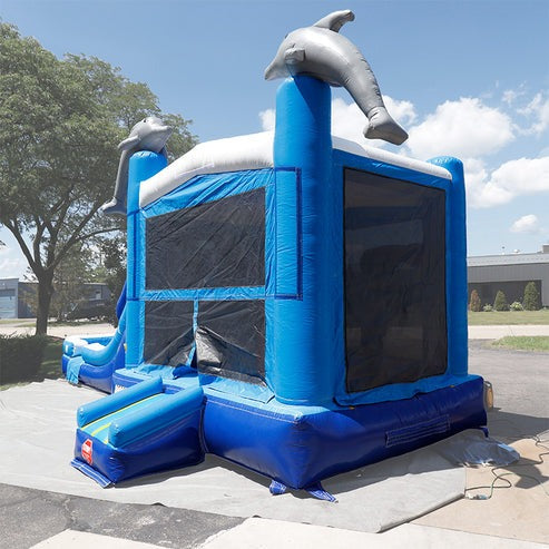 Moonwalk USA Dolphin Combo Bounce House Front Left View Outside with Tarp Under