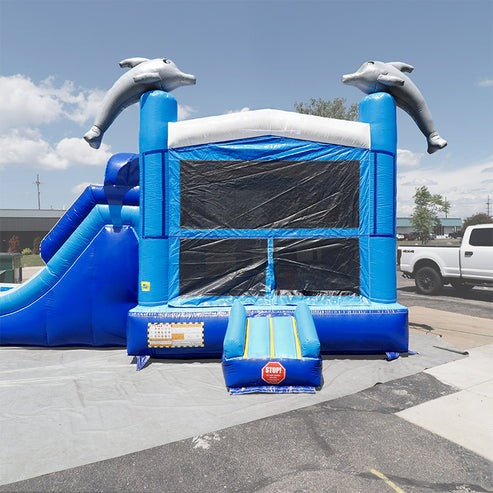Moonwalk USA Dolphin Combo Bounce House Front View Outside with Tarp Under