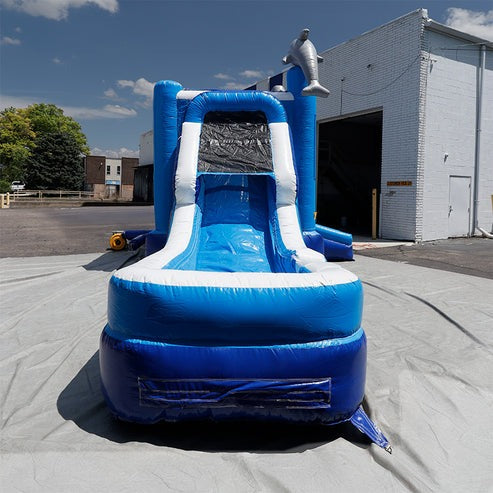 Moonwalk USA Dolphin Combo Bounce House Side Slide View with Blower Attached