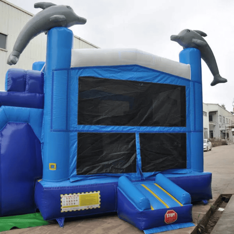 Moonwalk USA Dolphin Combo Bounce House Wet/Dry Adjustable Panel Front View with Entrance Safety Ramps