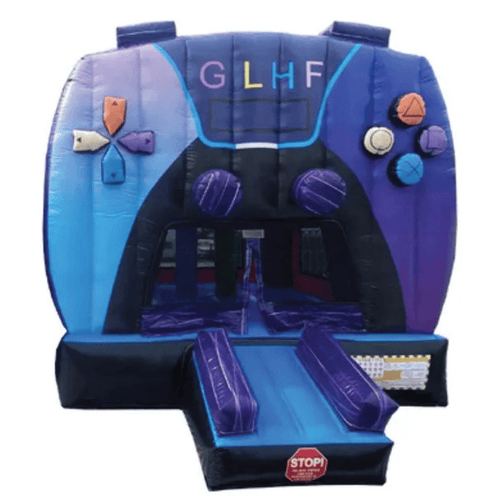 Moonwalk USA gamer bounce house showing oversized gaming controller design with dimensional buttons joysticks blue purple