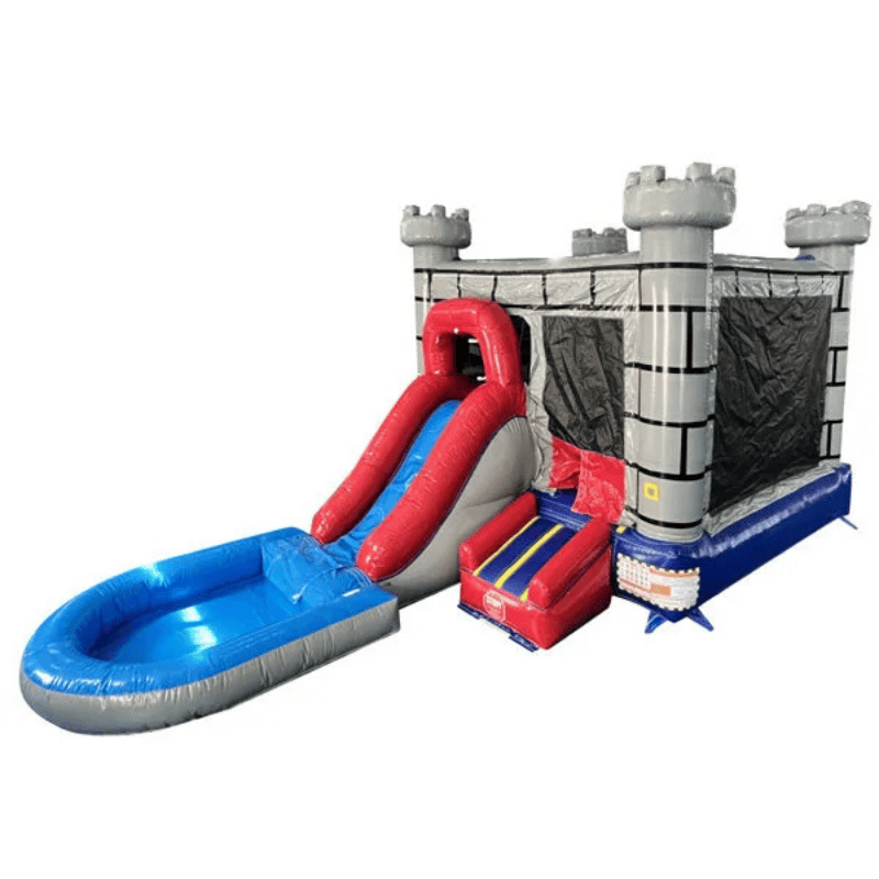 Moonwalk USA Gray Castle Combo Bounce House with Removable Pool Wet/Dry Front Left View