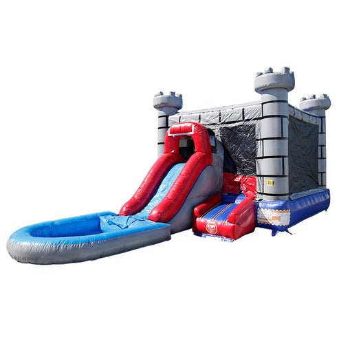 Moonwalk USA Gray Castle Combo Bounce House with Removable Pool Wet/Dry Safety Features Front Left Low View