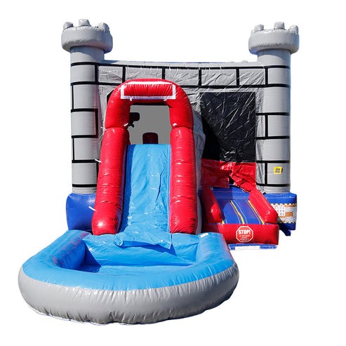 Moonwalk USA Gray Castle Combo Bounce House with Removable Pool Wet/Dry Safety Features Front View of Slide and Entrance with Safety Ramp