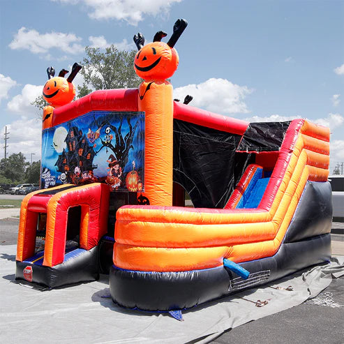 Moonwalk USA Halloween Combo Bounce House Wet/Dry Front Left View Outside on Tarp