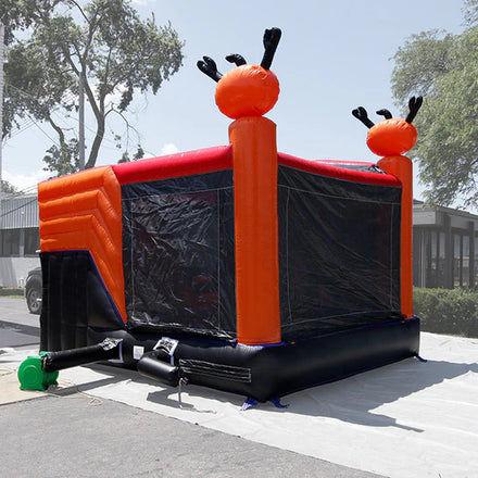Moonwalk USA Halloween Combo Bounce House Wet/Dry rear view with blower and tarp