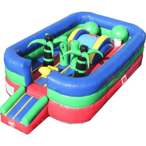 inflatable indoor playground combo construction detail palm tree obstacles pop-up elements commercial vinyl 15oz rip-stop toddler play area