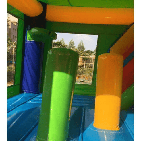 Palm tree bounce house inside view of pop ups and basketball feature