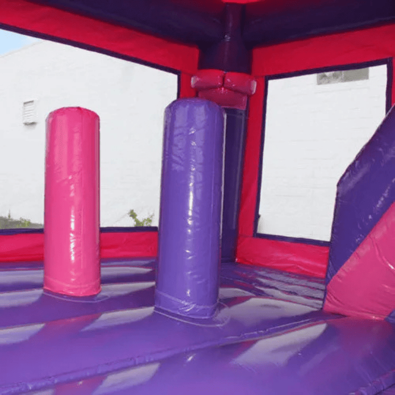 Moonwalk USA Pink Castle Combo Bounce House Wet/Dry Inside View of Pop Ups and Basketball Hoop Features