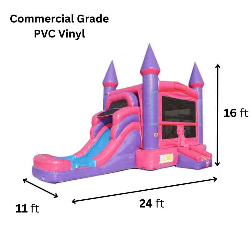 Moonwalk USA Pink Castle Module Combo Wet/Dry - Princess Bounce House with Slide Dimensions and Commercial Vinyl Specs