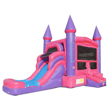 Moonwalk USA Pink Castle Module Combo Wet/Dry - Princess Bounce House with Slide Front Right View
