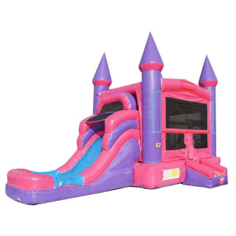 Moonwalk USA Pink Castle Module Combo Wet/Dry - Princess Bounce House with Slide Front Right View