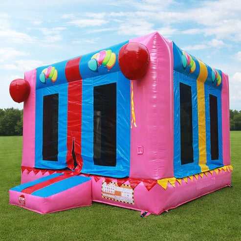 Moonwalk USA Pink Gift Box Bounce House Front Left View Outside