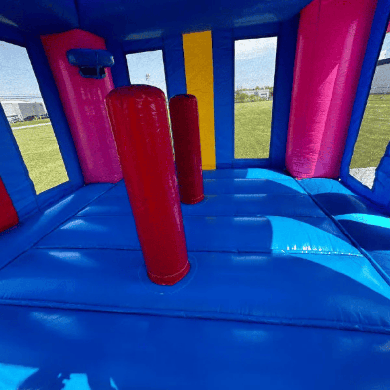 Moonwalk USA Pink Gift Box Bounce House Inside Pop Ups and Basketball Hoop View Colorful Design