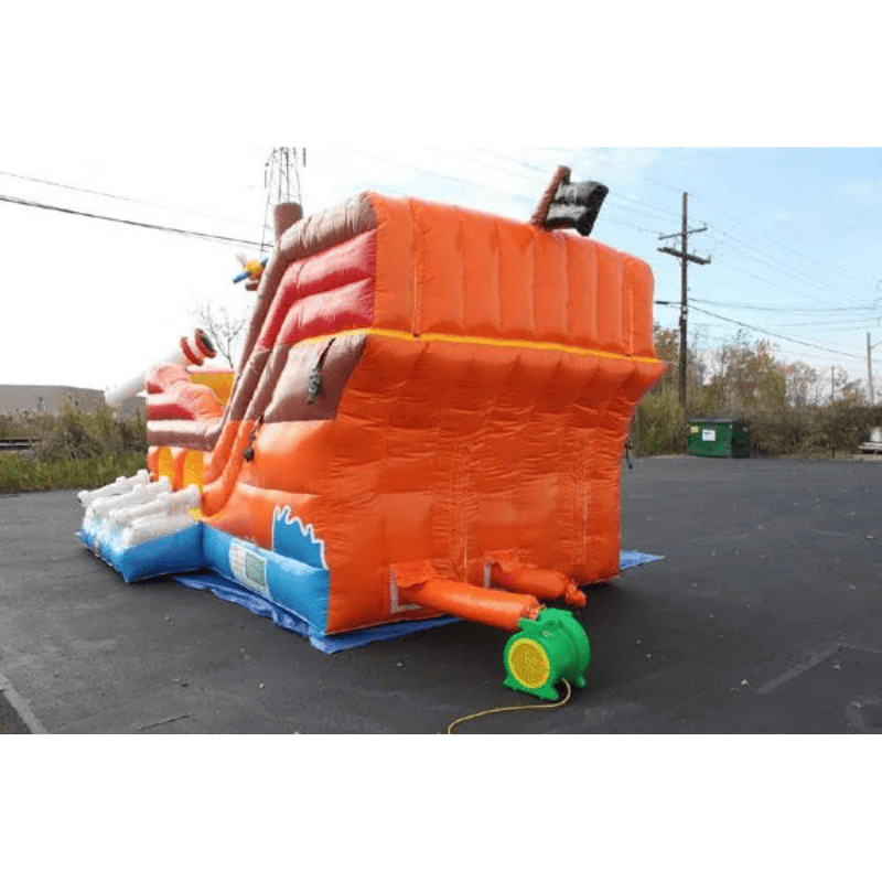Moonwalk USA Pirate Ship Bounce House Slide Rear View Outside with Tarp Under and Blower Connected