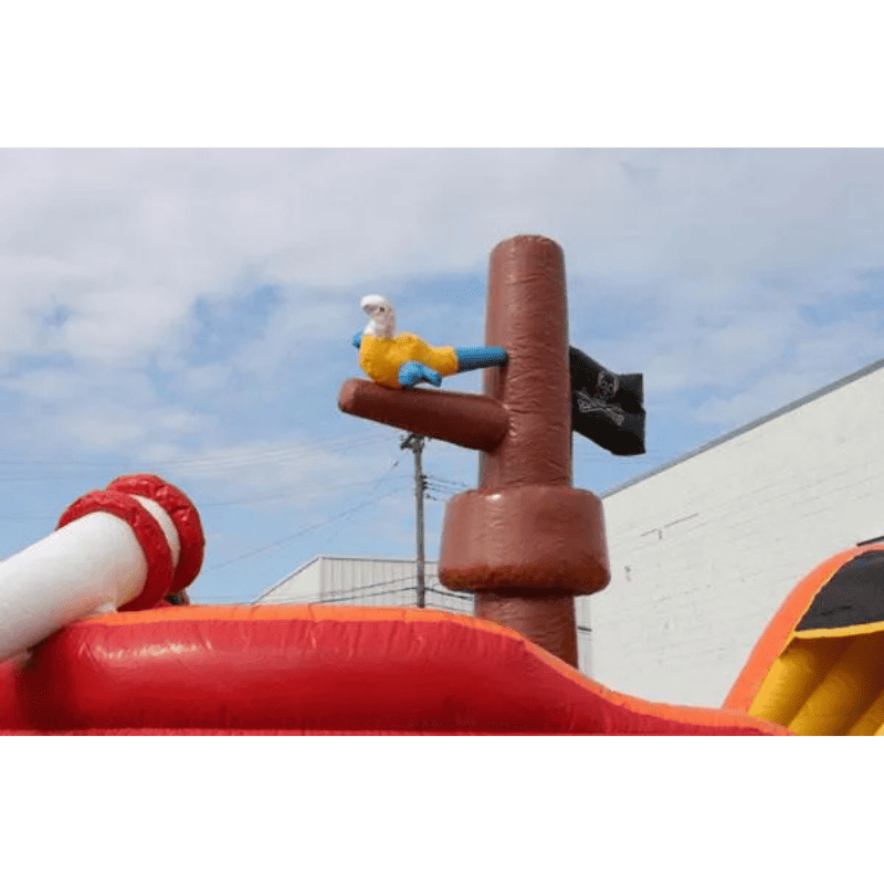 Moonwalk USA Pirate Ship Bounce House Slide Top View of Pirate Flag and Bird Outside
