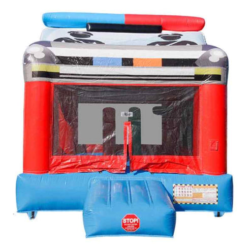 Commercial police car bounce house front entrance view with stop safety warning