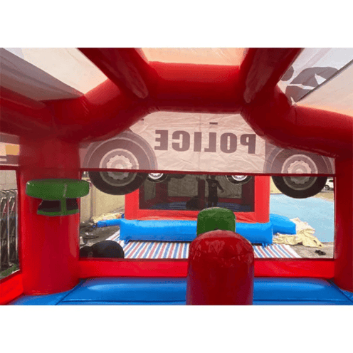 Police car bounce house inside view of pop ups and basektball hoop