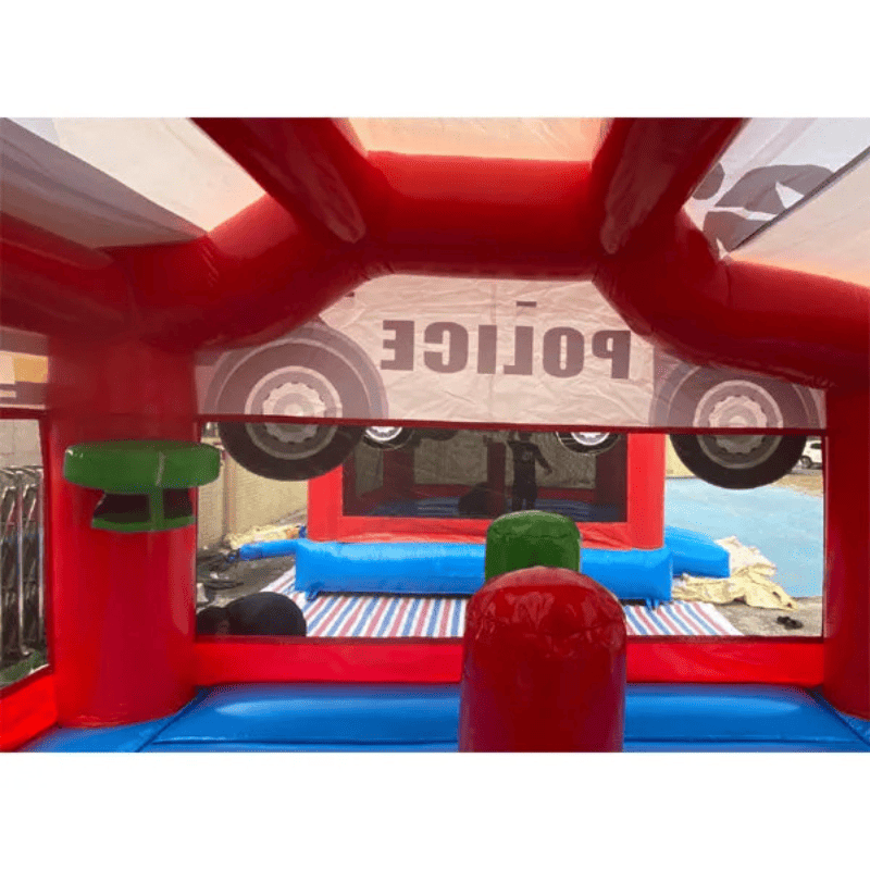 Moonwalk USA Police Car Bounce House Inside View of Pop Ups and Basketball Hoop Features