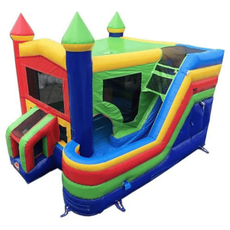 Moonwalk USA Rainbow Castle Bounce House Combo Wet/Dry Front Left View of Slide and Side Anchor Points