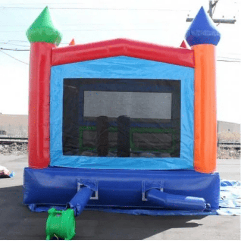 Moonwalk USA Rainbow Castle Bounce House Rear View with Blower Attached