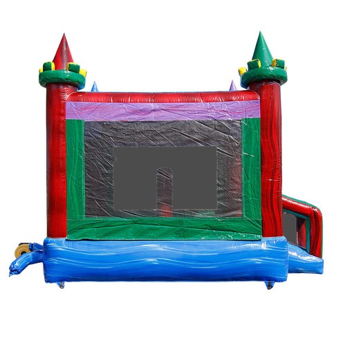Moonwalk USA Ruby Castle Bounce House Front Right View Side View with Blower Attached
