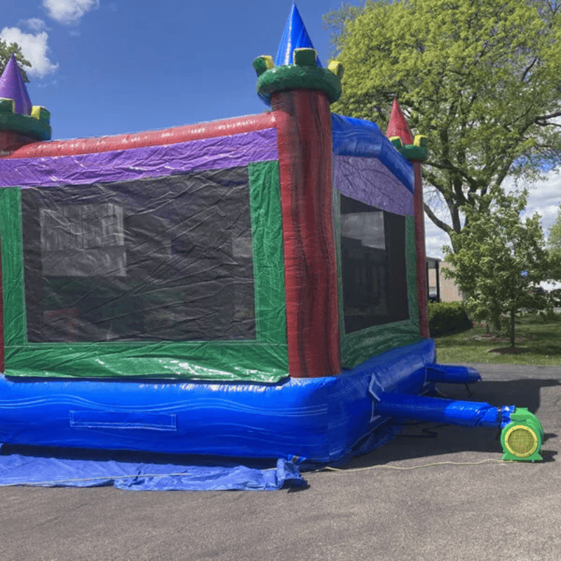 Moonwalk USA Ruby Castle Bounce House Rear View with Blower Attached Outside