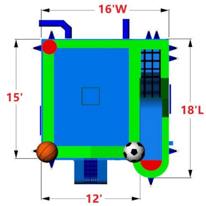 Moonwalk USA Sports Combo Bounce House Wet/Dry Top Render View Dimensions