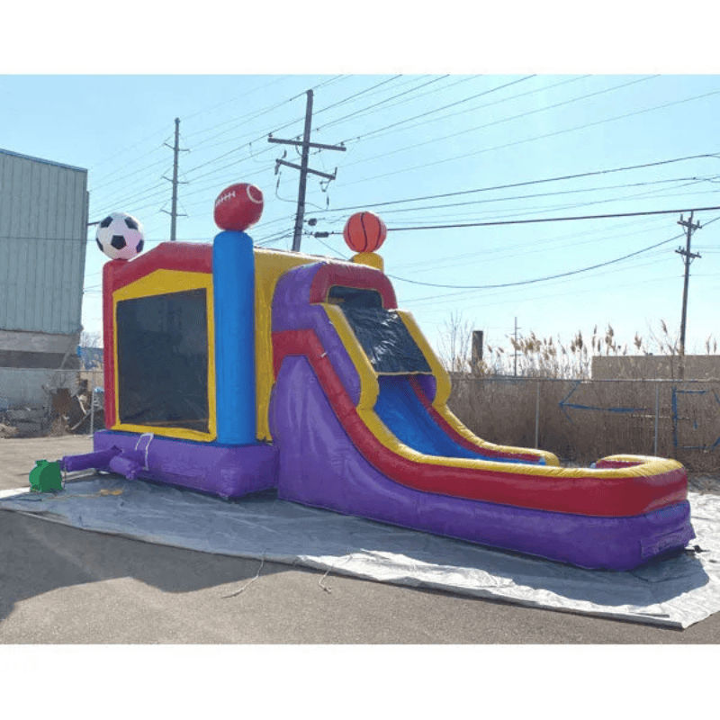 Moonwalk USA Sports Combo Bounce House with Slide Wet/Dry Rear Right View with Blower Attached