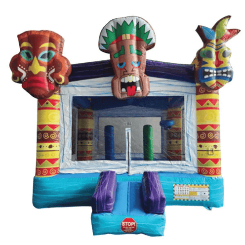 Moonwalk USA tiki bounce house showing three-dimensional tiki totem poles with colorful tribal mask faces