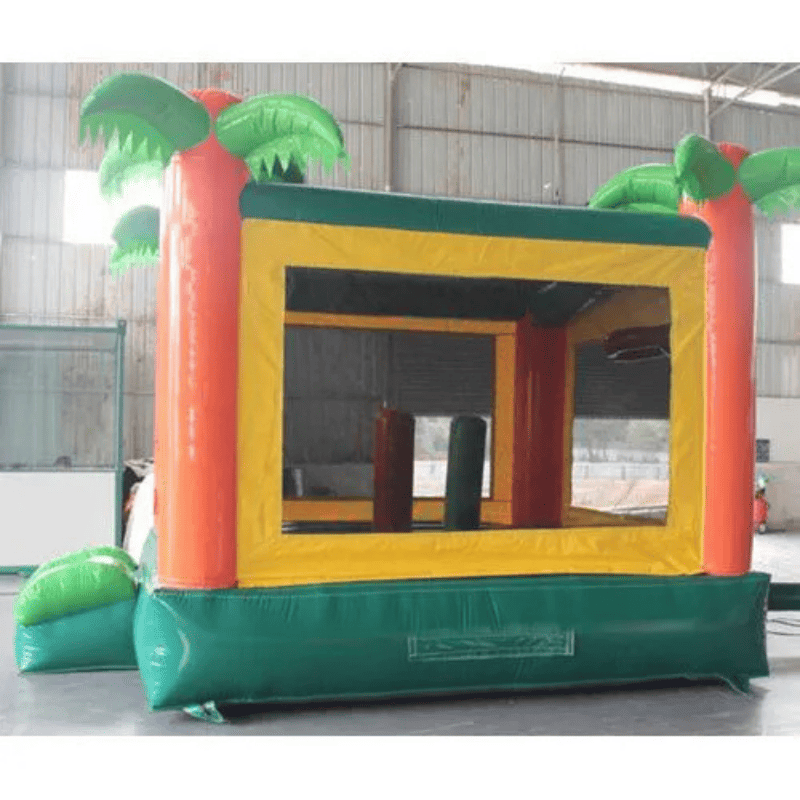 Moonwalk USA Tropical Bounce House Side View with Inside Pop Ups and Basketball Hoop Visible