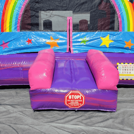 Commercial unicorn bounce house showing construction quality and safety features at entrance