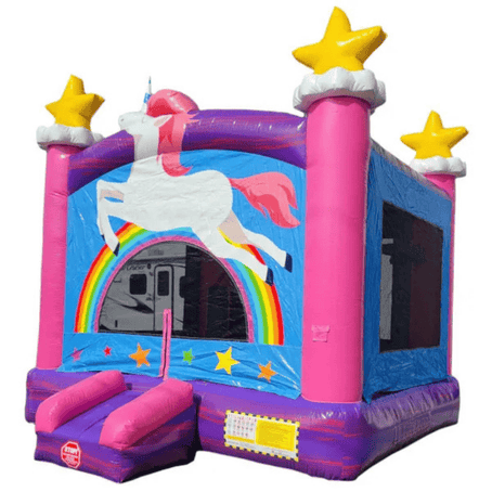 Unicorn bounce house showing rainbow design and star theme